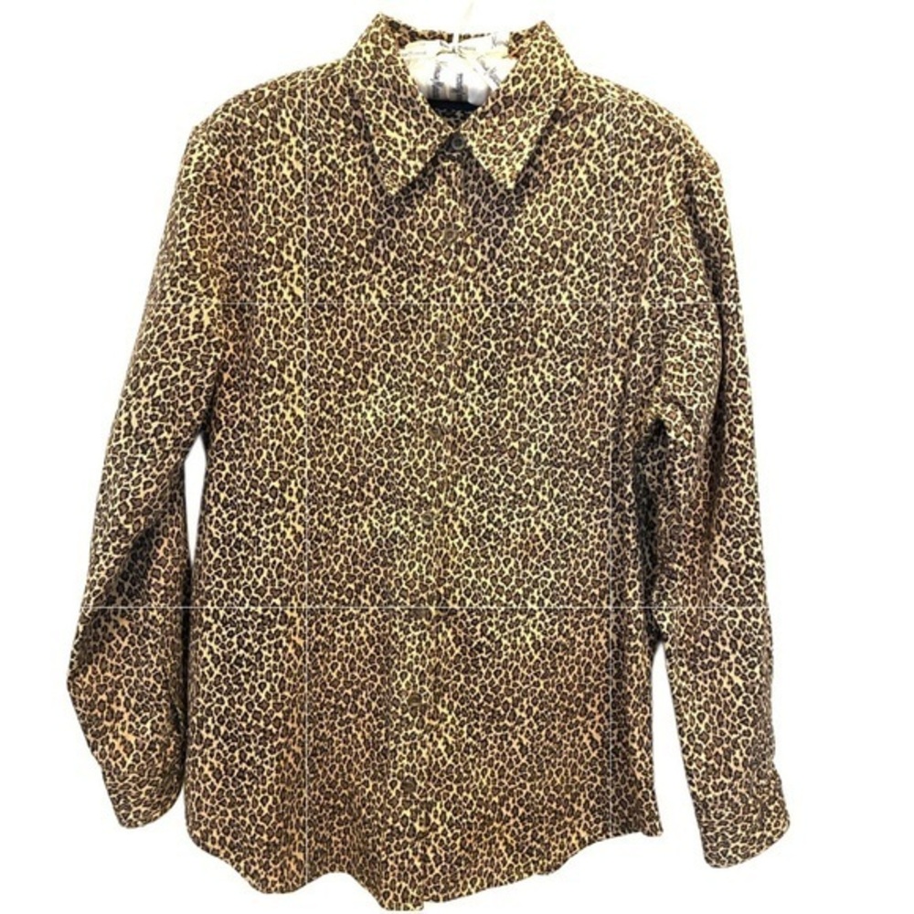 KRAZY KAT Leopard Pattern Button Down Shirt, Size Medium.